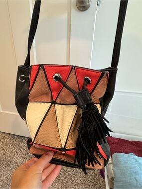 BCBGeneration Black Tan Pink Geometric Drawstring Shoulder Bag